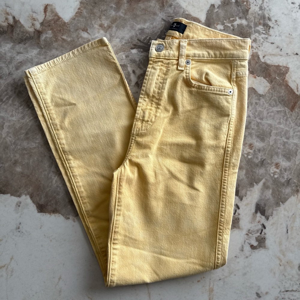7 For All Mankind Butter Yellow High Waist Cropped Straight Jeans